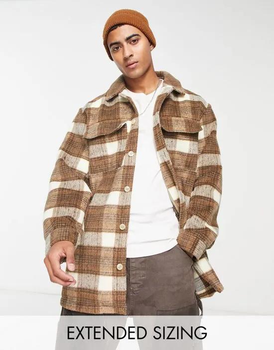 wool mix plaid shacket in brown