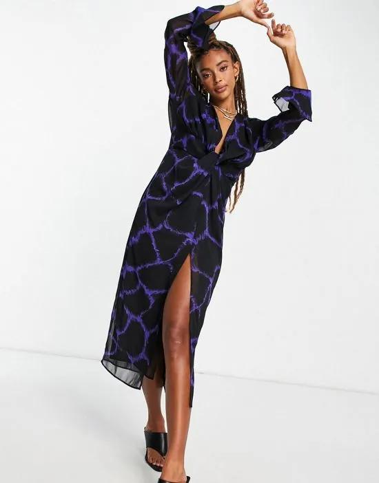 Woven Knot Front Plunge Occasion Midi Dress in Purple