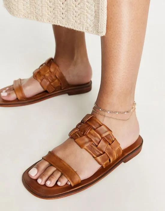 woven leather slip on sandal in tan