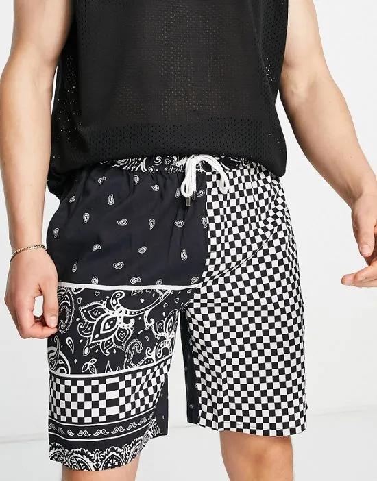 woven shorts in black with patchwork paisley print - part of a set