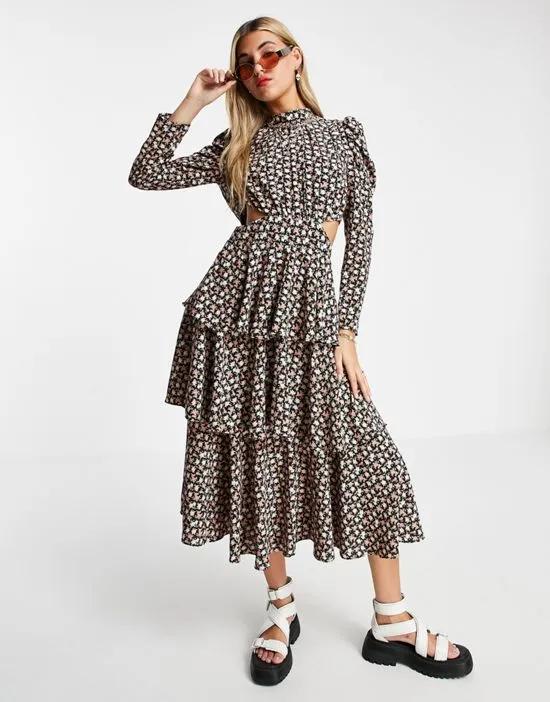 woven tiered cut out midi dress in multi