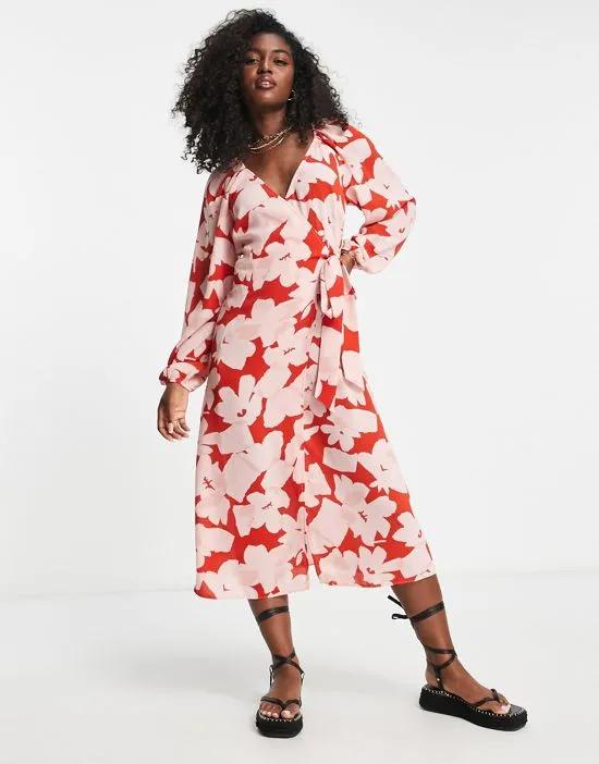 wrap belted midi dress in large red floral print
