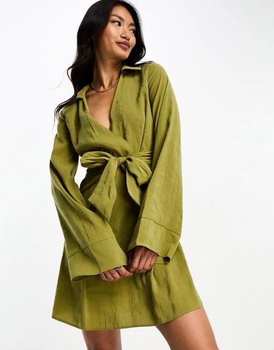 wrap collar mini dress with tie waist and deep cuff in khaki