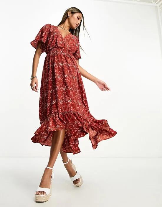 wrap floral midi dress in red