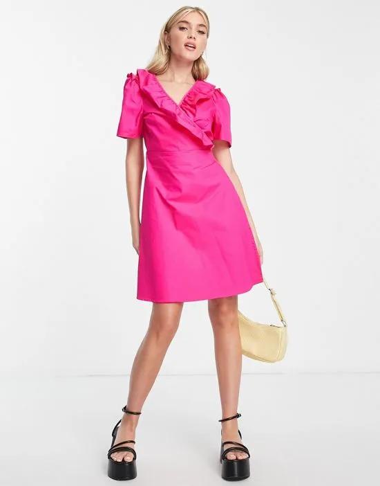 wrap frill mini dress in hot pink