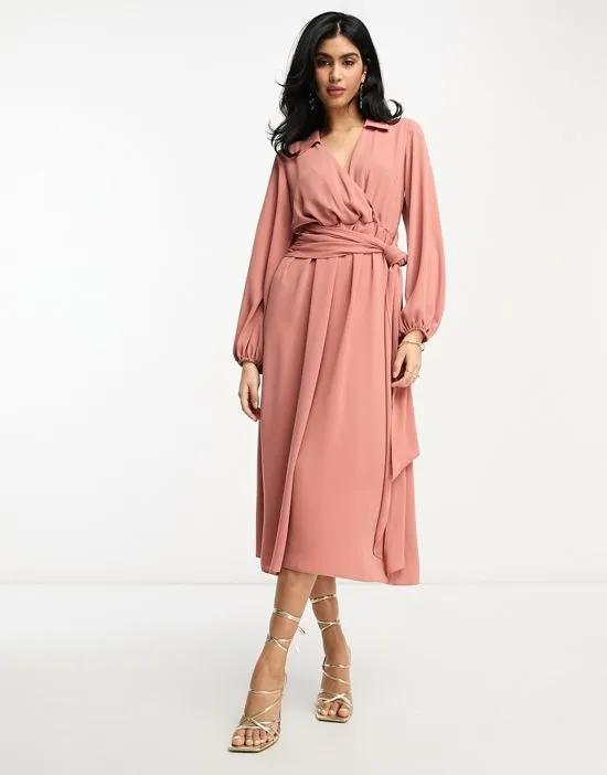 wrap front collar long sleeve midi dress with tie waist in terracotta