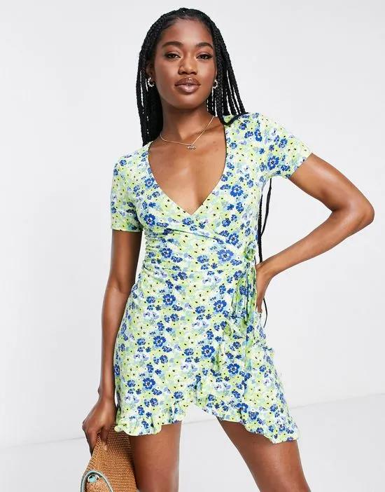 wrap front floral mini dress in blue