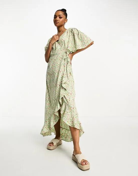 wrap front maxi tea dress in green floral