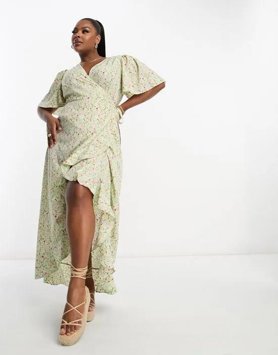 wrap front maxi tea dress in green floral