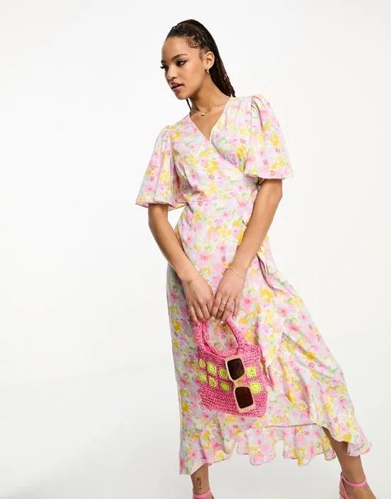 wrap front maxi tea dress in pink floral