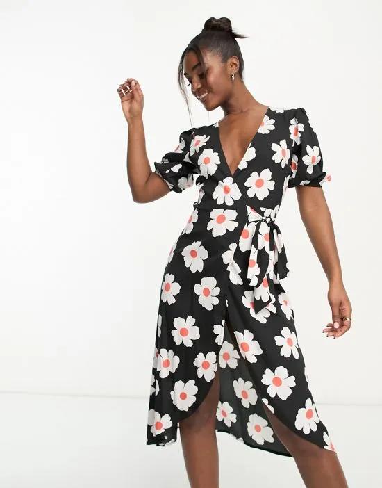 wrap front midi dress in floral print