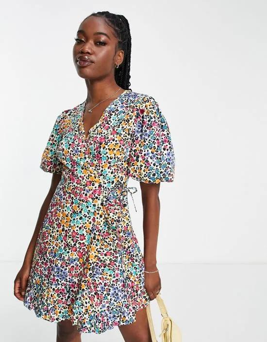 wrap front mini dress in ditsy floral print