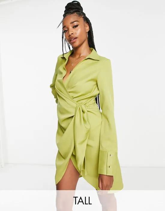 wrap front mini dress in olive
