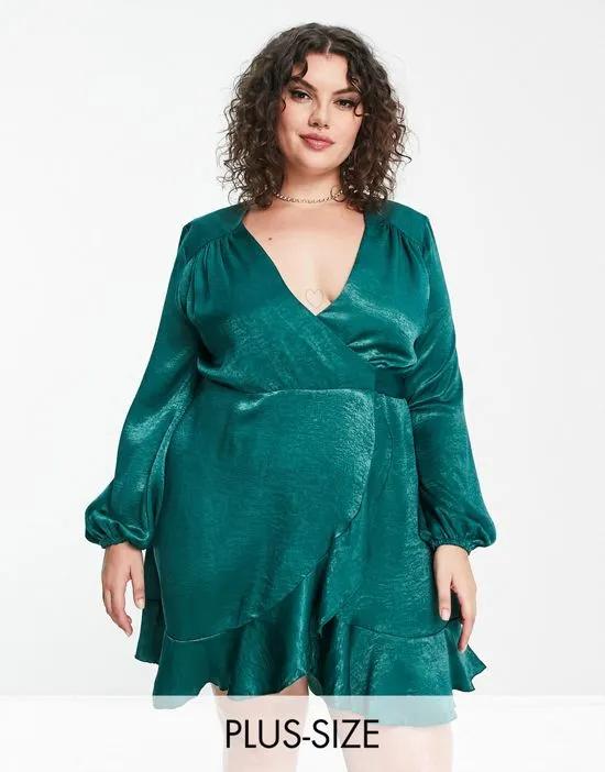 wrap front mini dress with balloon sleeve in emerald satin