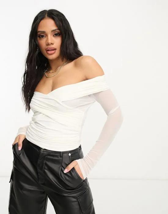 wrap front off shoulder long sleeve top in white