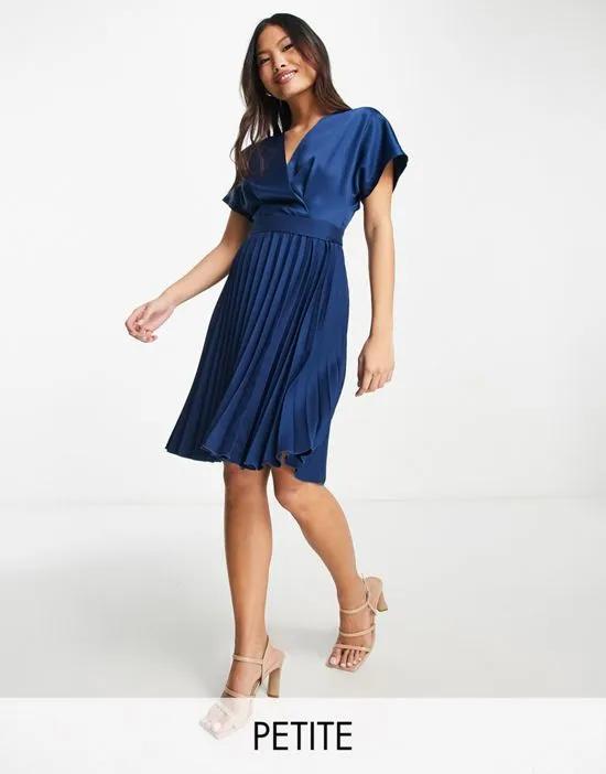 wrap front pleated midi skater dress in navy