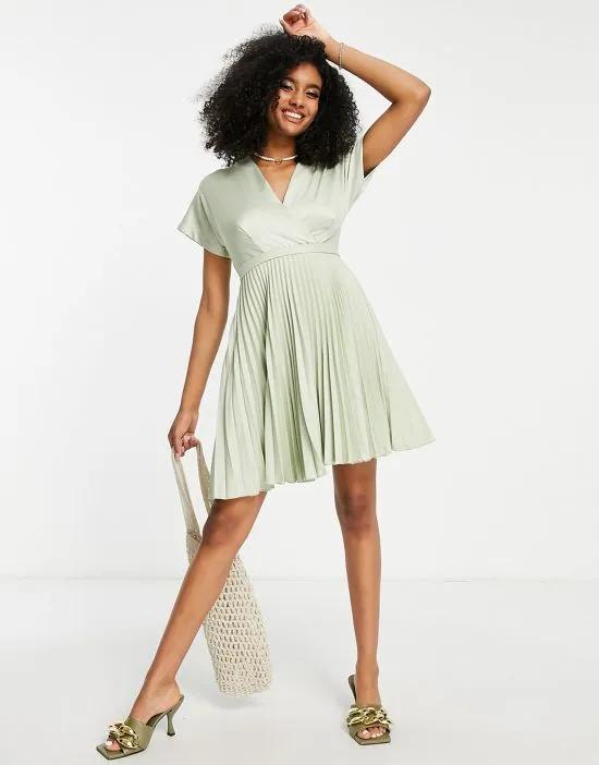 wrap front pleated midi skater dress in sage