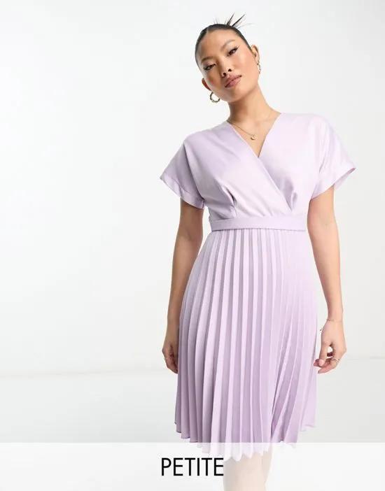 wrap front pleated mini dress in lavender