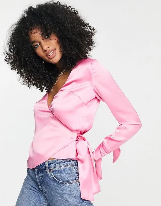 wrap front satin blouse with tie cuff in bubblegum pink