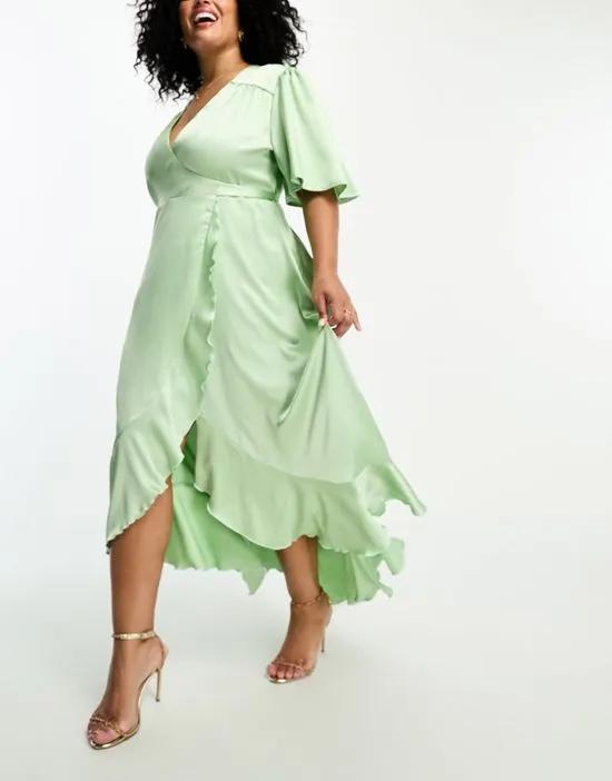 wrap front satin midi dress with flutter sleeves in sage