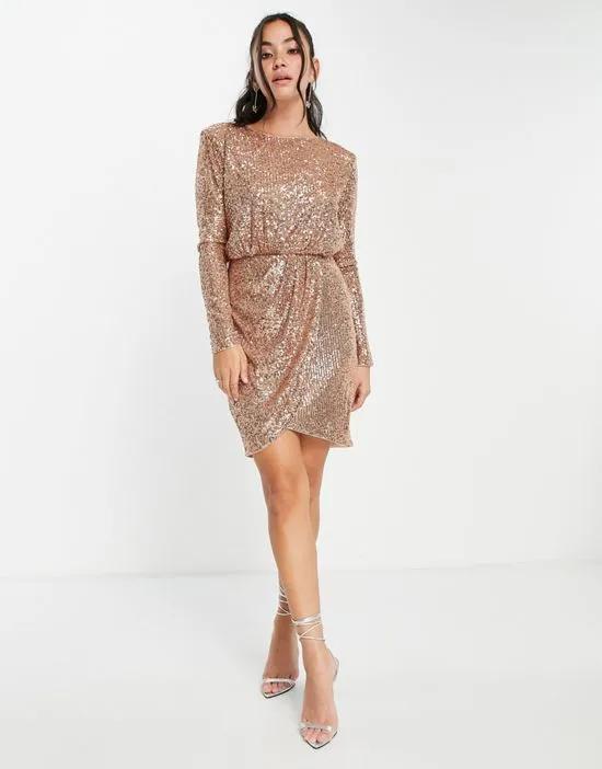 wrap front sequin mini dress in soft gold