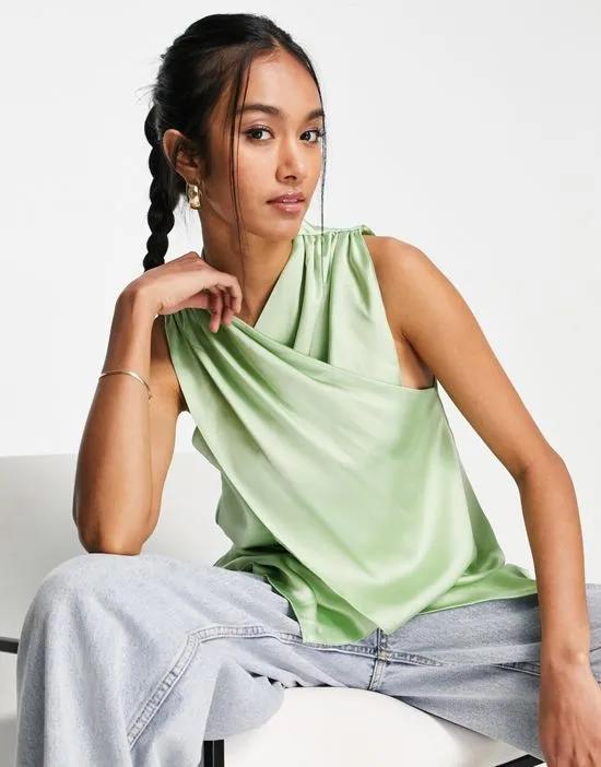 wrap front sleeveless blouse with pleat shoulder detail in pastel green