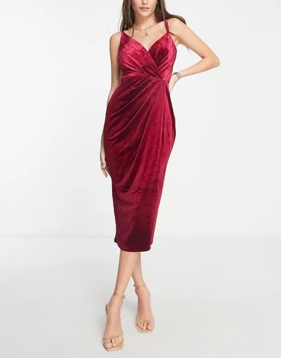 wrap front velvet cami midi dress in ruby