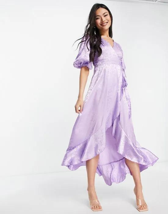 wrap jacquard midi dress with puff sleeve and frill detail in lilac floral