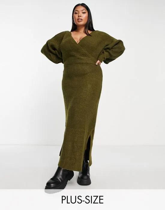 wrap knitted maxi dress in khaki