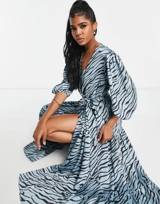 wrap maxi dress in blue zebra