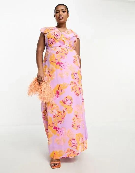 wrap maxi dress in lilac and orange florals