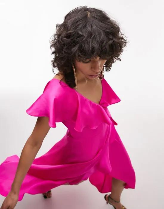 wrap maxi dress with frill sleeve in fuschia pink