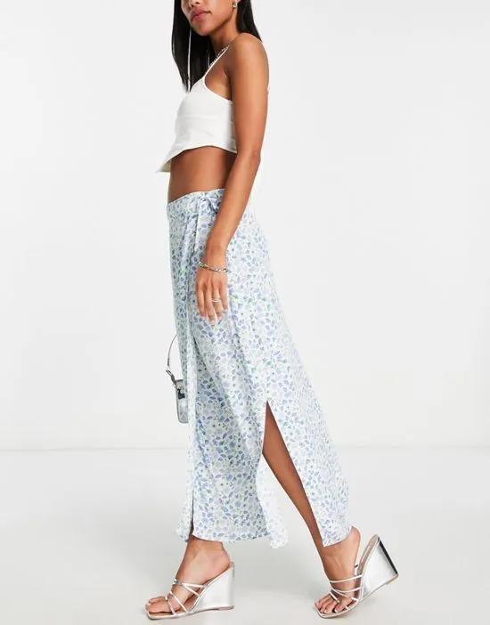 wrap maxi skirt in blue ditsy floral