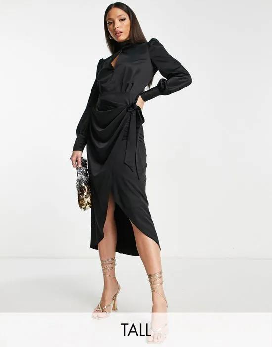 wrap midi dress in black