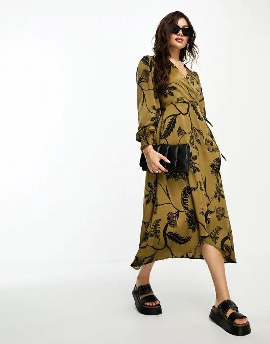 wrap midi dress in gold and black floral