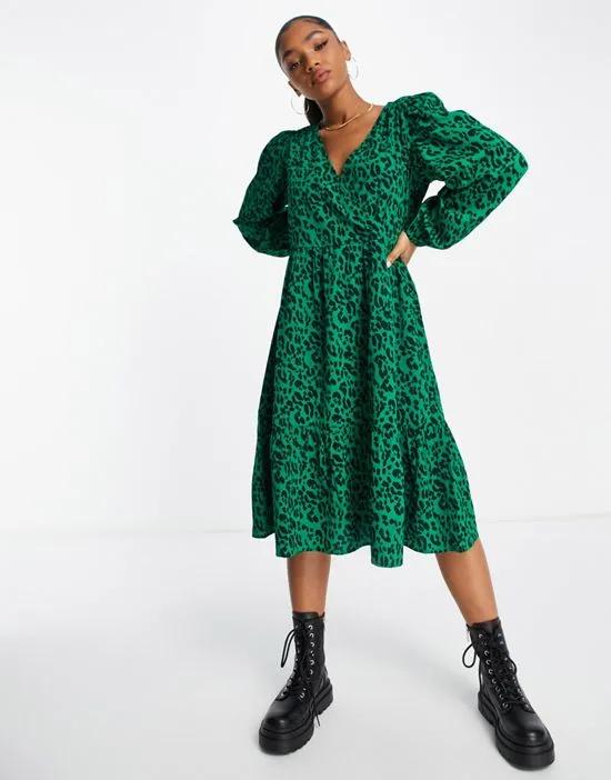 wrap midi dress in green leopard print