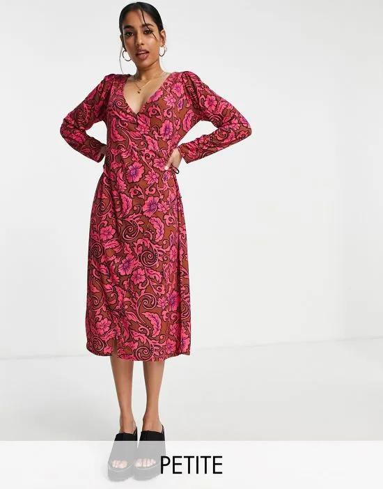 wrap midi dress in pink floral