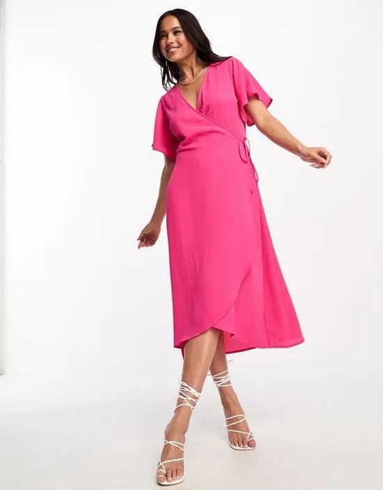 wrap midi dress with flutter sleeves in pink