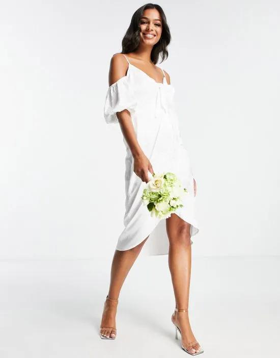 wrap midi dress with tie front detail in white floral chiffon