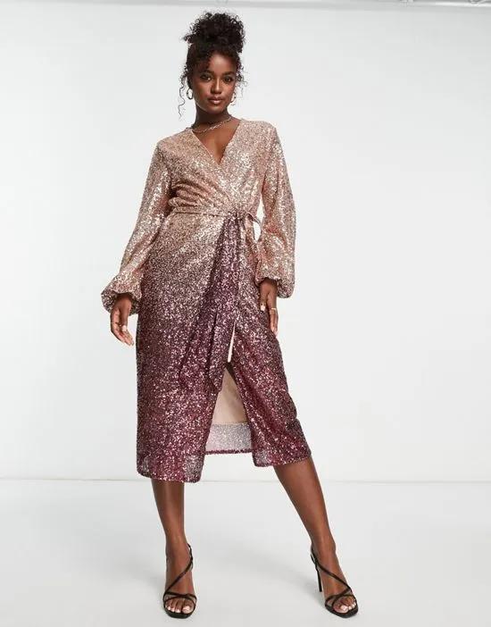 wrap midi sequin dress in pink ombre