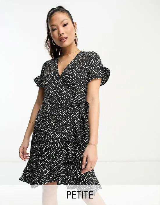 wrap mini dress in black spot print