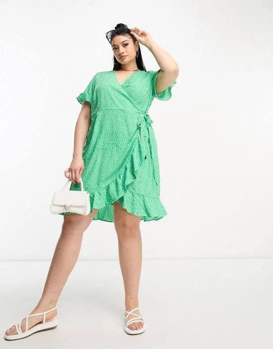 wrap mini dress in bright green dot print