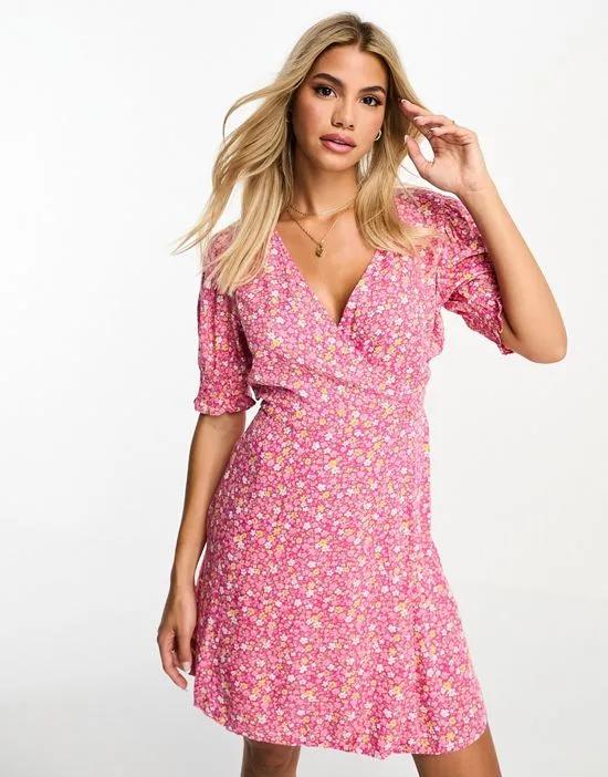 wrap mini dress in pink ditsy floral