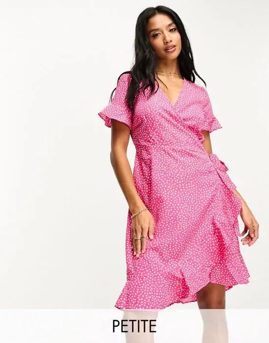 wrap mini dress in pink dot print
