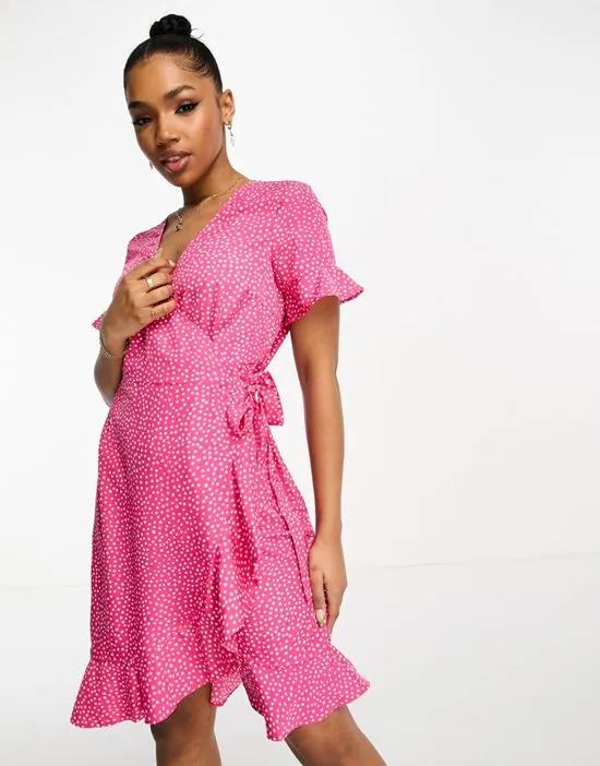wrap mini dress in pink spot print