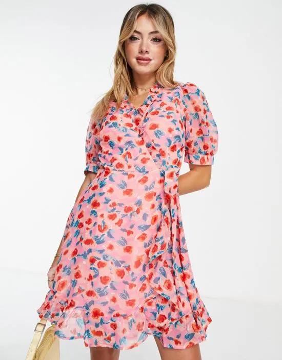 wrap mini dress with puff sleeves in pink floral