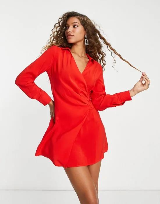 wrap mini shirt dress in bright red