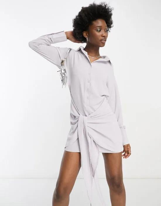 wrap mini shirt dress with tie in pale gray