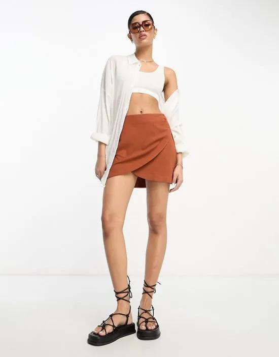 wrap mini skirt with linen in brown