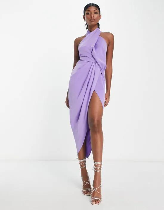 wrap neck draped midi dress with lace up back detail in lilac
